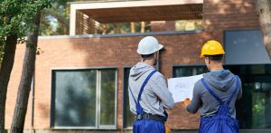 Two home builders wearing safety helmets reviewing plans for a new residential build