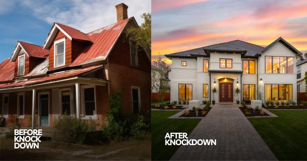 Knock-down rebuild project showing demolition of an old house and construction of a new modern home on the same block.