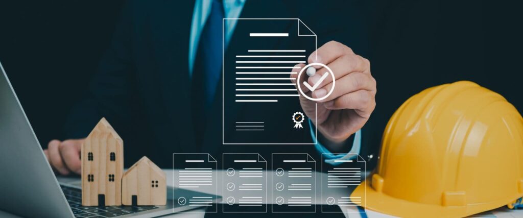 The image represents the concept of securing a building permit for a construction project, according to the project type.