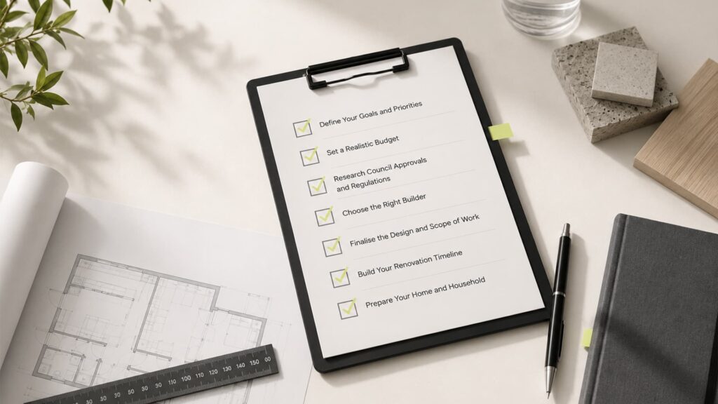 Home renovation planning checklist on a clipboard featuring key steps such as defining goals, setting a budget, researching council approvals, choosing a builder, finalising the design and more