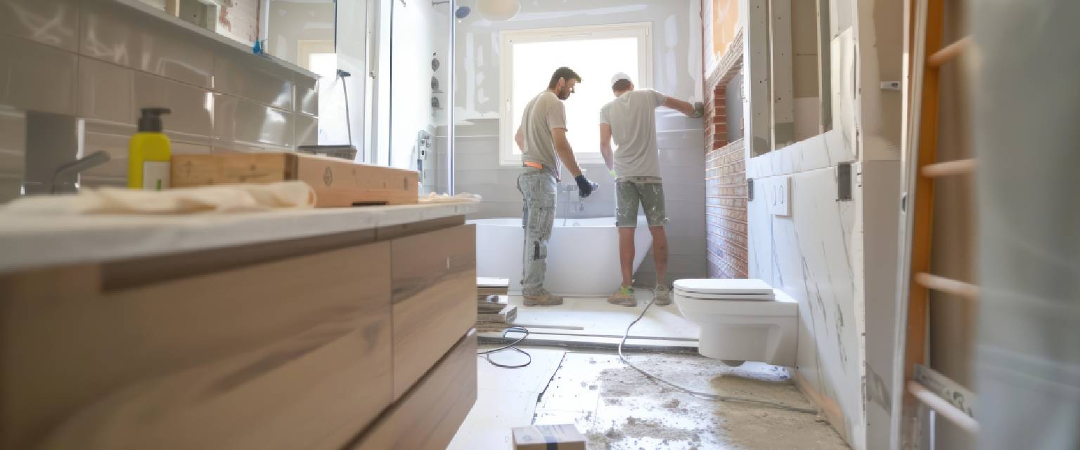 Bathroom renovation in progress with two contractors working on tiling and fittings.