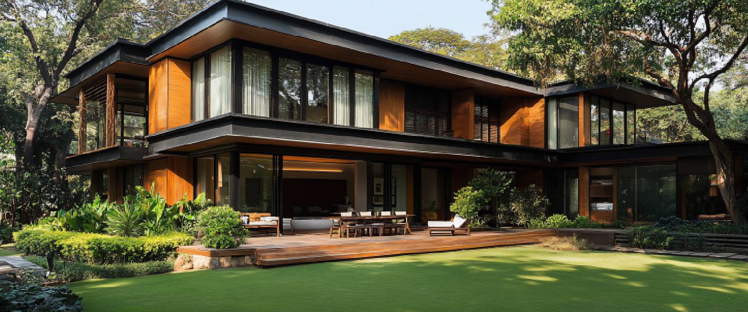 Newly built two-storey home extension featuring timber panelling, large glazed windows, a covered deck with outdoor lounge and dining furniture
