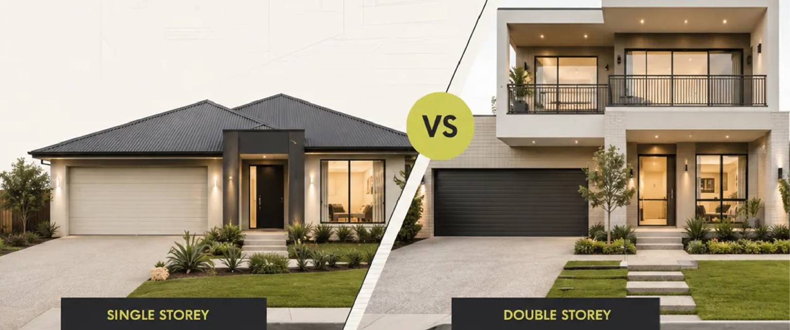 Single vs double storey house comparison showing a modern single storey home with a hipped roof beside a contemporary double storey home with a balcony