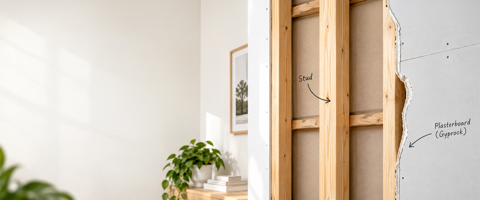 Cutaway of an internal wall showing a timber wall stud behind the plasterboard