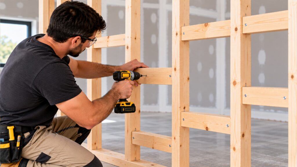 Seventh step of building wall studs : Add Noggings 