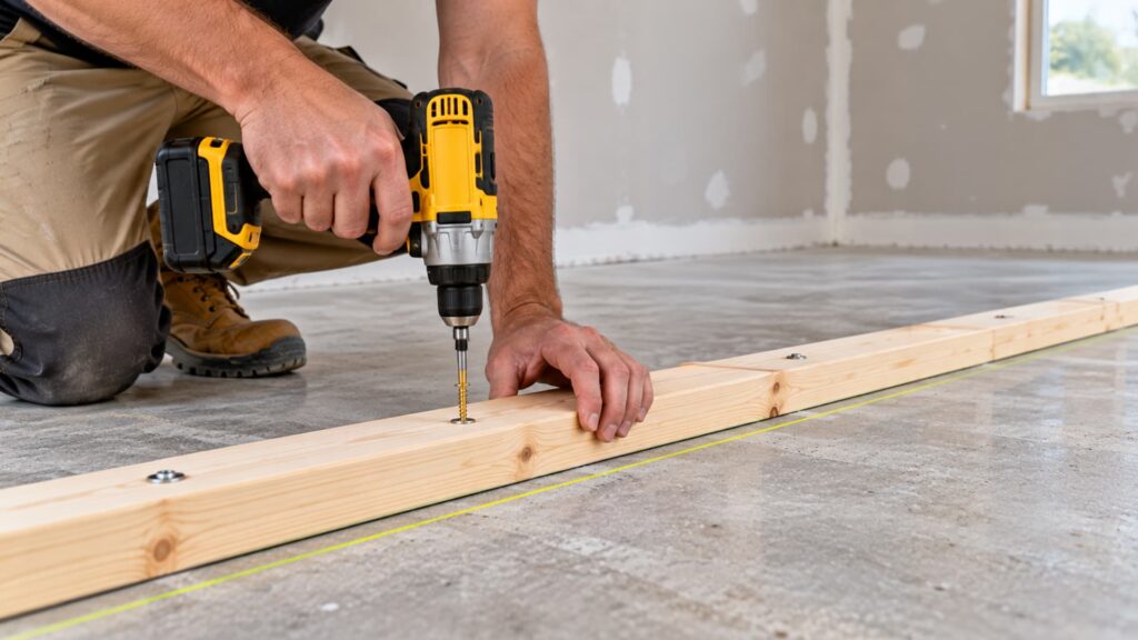 Fourth step of building wall studs : Fix the Bottom Plate
