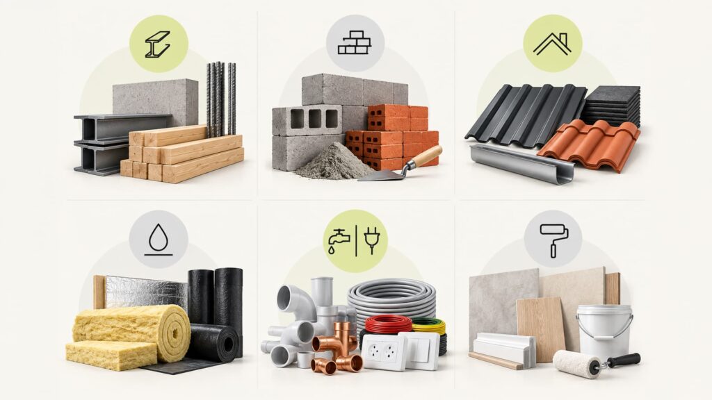 Six categories of essential building materials, from structural steel and timber to roofing, plumbing, electrical and finishing products