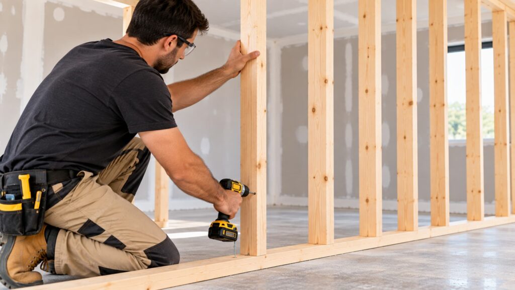 Sixth step of building wall studs: Install the Studs
