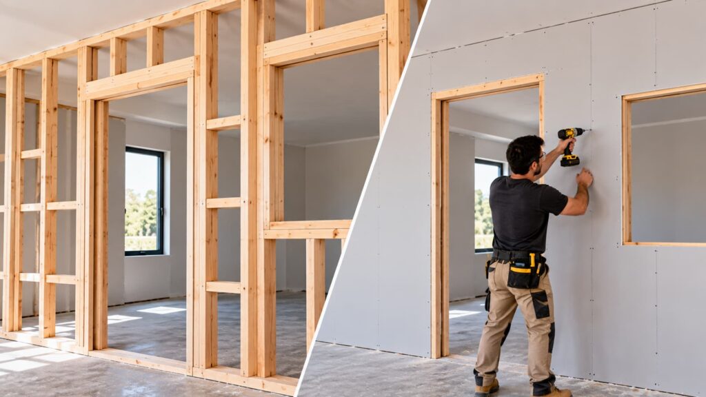 Eighth stage of building wall studs : Frame Openings and Line the Wall