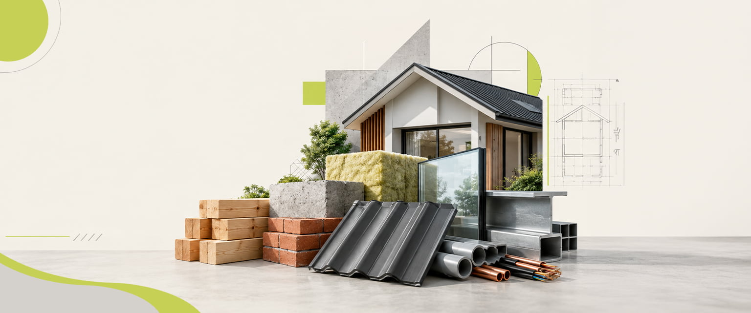 Essential building materials for an Australian home, including timber, bricks, steel reinforcement, tiles and roofing, laid out together