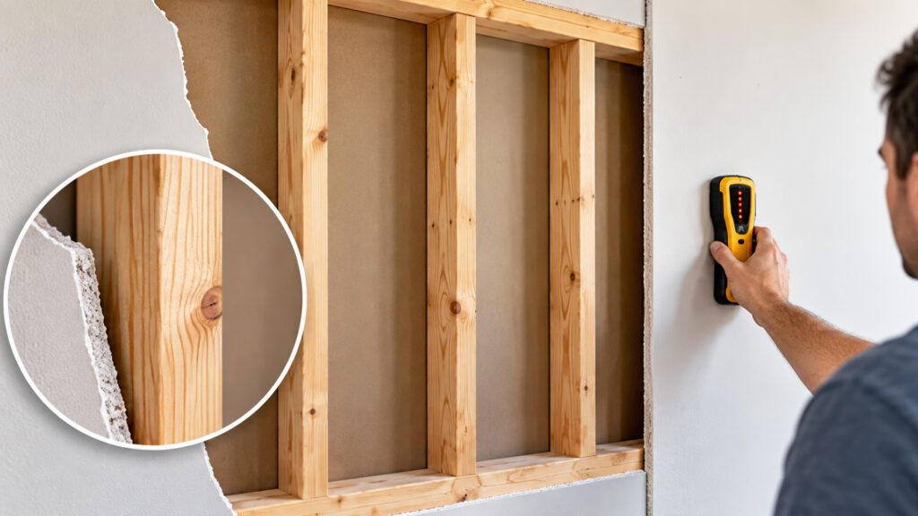 Person using a stud finder to locate a wall stud, with the timber stud frame shown behind the plasterboard