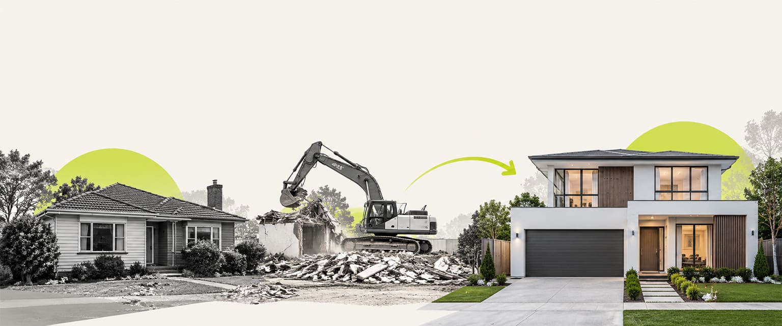 Knock down rebuild process showing an old weatherboard house, an excavator demolishing it and a new double storey home